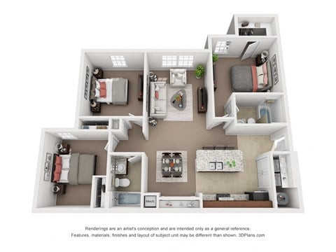 Floor plan for 3 beds, 2 baths, 1046 sqft